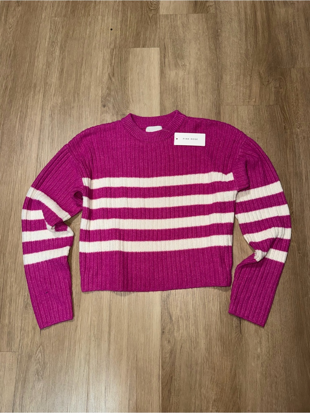 Pink Rose Fuchsia & Cream Striped Cropped Crewneck Sweater